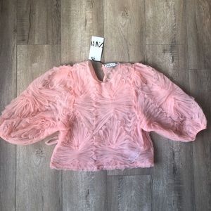 ZARA top | pink tulle top with puff sleeves
